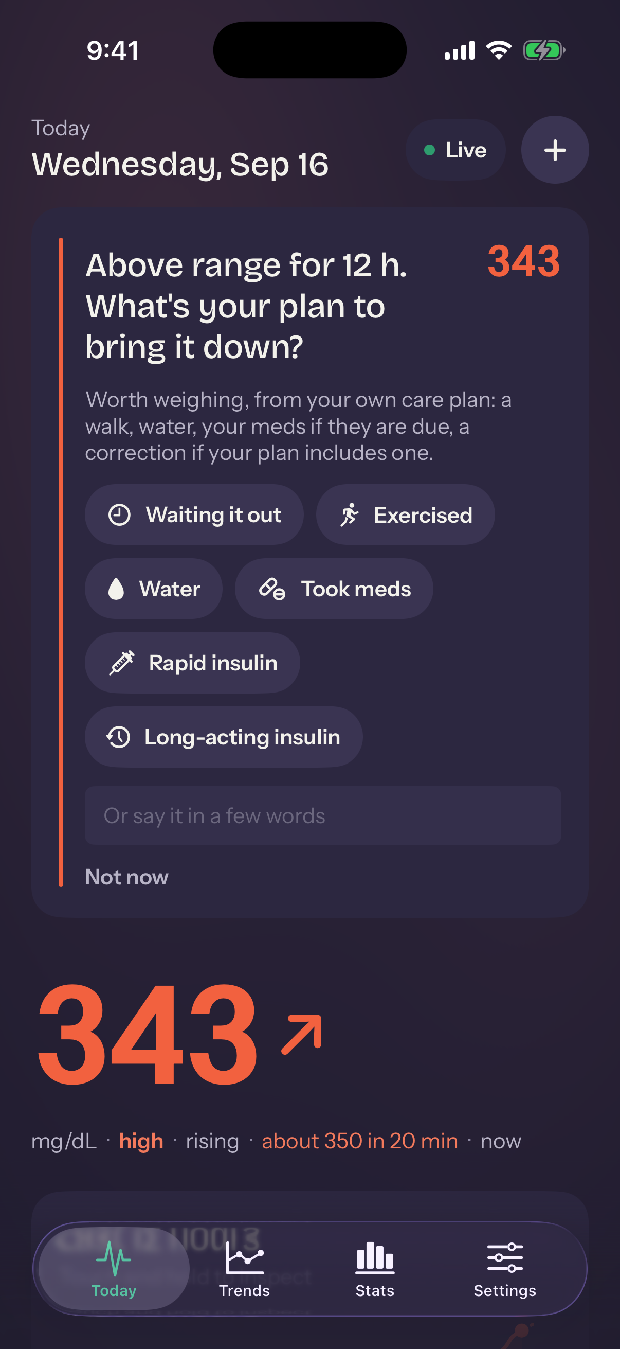 Today screen: above range for 12 hours, the coach asking what's your plan to bring it down, with chips for waiting it out, exercise, water, meds and insulin