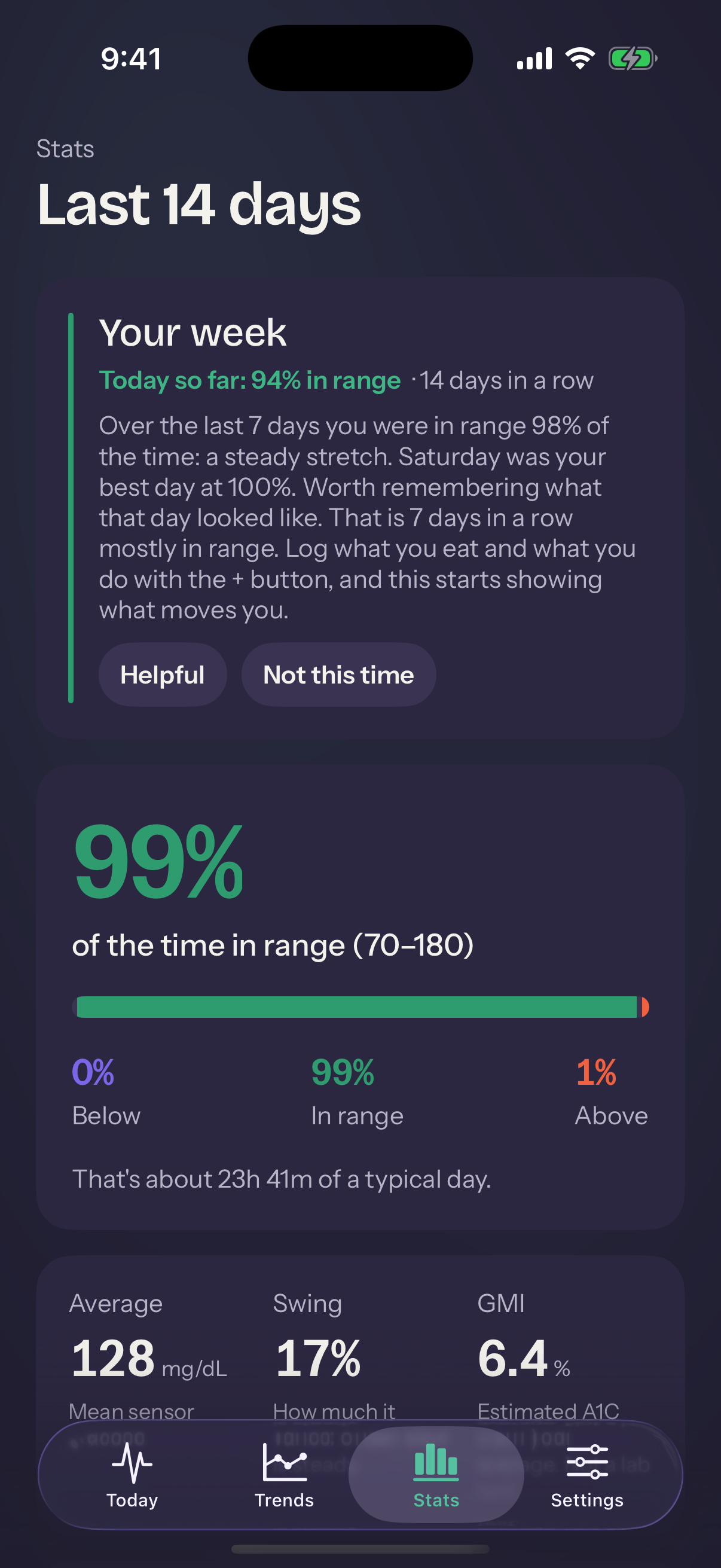 Stats: your week in plain words, 99 percent in range, and the time-in-range bar